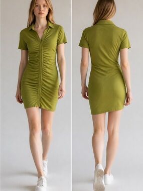 Olive Green Ruched Polo Mini Dress